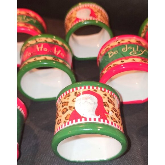 Lot Of 8 Christmas Ceramic Napkin Holders Santa Leopard Print 2" Round - Picture 4 of 6